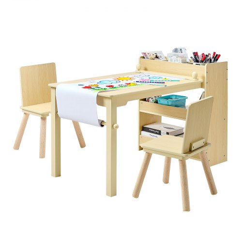

VEVOR Table d'Art pour Enfants avec 2 Chaises, Bureau d'Activité avec Étagères de Rangement 3 Niveaux, Kit en Bois pour Tout-petits, pour Lecture Dessin Bricolage Apprentissage Écriture, Bois Clair