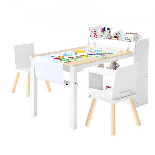 

VEVOR Ensemble table et chaises d'art pour enfants, avec armoire de rangement à 3 niveaux, table enfant avec 2 chaises, bureau d'activités en bois pour lire, apprendre, dessiner et écrire, blanc