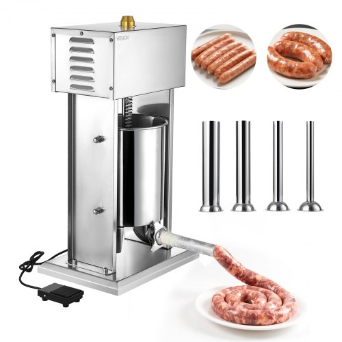 

VEVOR Poussoir à Saucisses Électrique 10 L, Machine à Saucisses Verticale en Acier Inoxydable, Ensacheuse à Contrôle de Vitesse en Continu et Pédale, avec 4 Tubes de Remplissage, pour Cuisine