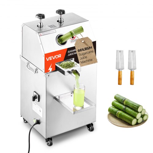 

VEVOR Presse à Canne à Sucre Électrique 750 W, Extracteur de Jus de Canne à Sucre Haut Rendement de 300 kg/h, avec 3 Rouleaux en Acier Inoxydable, Mobile avec Roulettes, pour Restaurant Bar Boissons