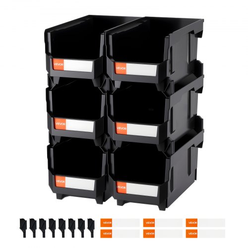 

VEVOR Bac à Bec Empilable Lot de 6 Bacs de Rangement Plastique, 37,7 x 21,5 x 18 cm, Boites Rangement Empilables pour Atelier, Garage, Petites Pièces, Fournitures de Bureau et Autres Accessoires, Noir