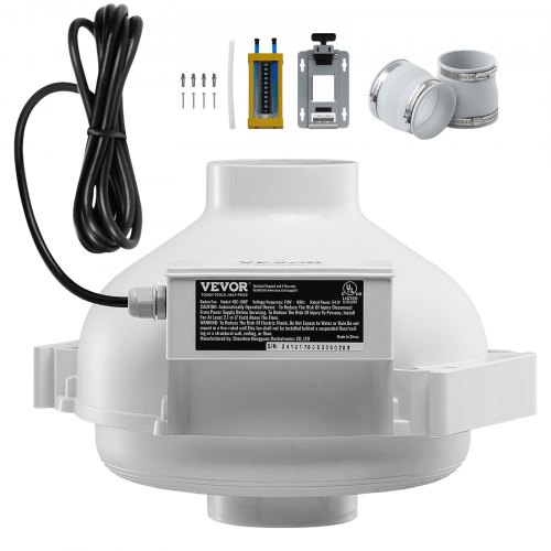 

VEVOR Kit Ventilateur d'Atténuation de Radon, 98-89 mm, Ventilateur de Conduit en Ligne Étanche Silencieux 260 CFM avec 2 Coupleurs, Indicateur de Pression, pour Ventilation Intérieure et Extérieure