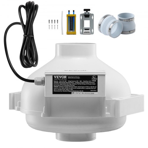 

VEVOR Kit Ventilateur d'Atténuation de Radon, 98-114 mm, Ventilateur de Conduit en Ligne Étanche Silencieux 260 CFM avec 2 Coupleurs, Indicateur de Pression, pour Ventilation Intérieure et Extérieure
