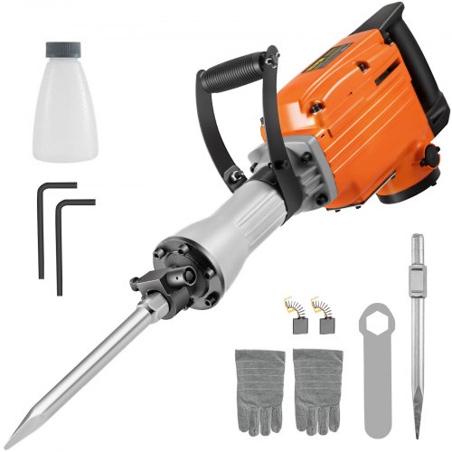 VEVOR Marteau Piqueur Électrique 220V, Perforateur Burineur de Démolition 71x31x18cm Démolisseur 2200W + 2 Burins à Pointe/Plat avec Masque, Lunettes, Gants de Protection pour Démolir le Béton