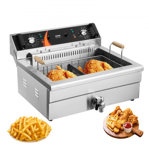 

VEVOR Friteuse commerciale 2250 W, friteuses à bain d'huile électrique avec panier, en acier inoxydable, grande capacité 20 L pour cuisine, restaurant, café, température réglable 80-200 °C, argenté