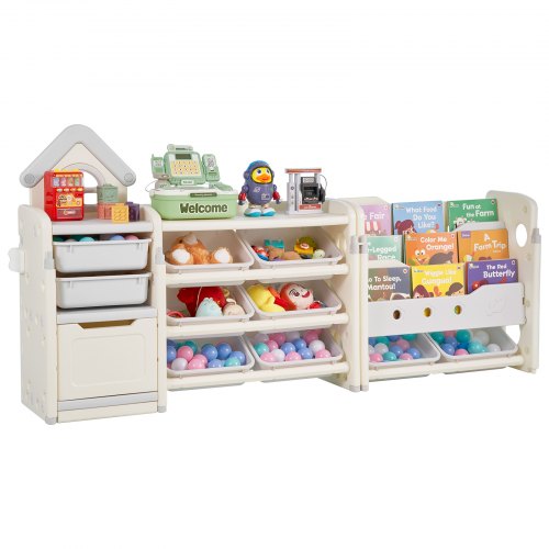 

VEVOR Meuble de rangement jouets enfant à 4 niveaux avec bibliothèque, étagère d'organisateur de jouets avec 10 bacs en plastique amovibles, pour salle de jeux, salle de classe, crèche, gris et beige