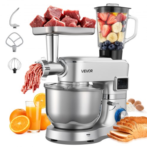 

VEVOR Robot Pâtissier et Culinaire 5,7 L, Batteur sur Socle 1500 W avec Fonction Hachoir à Viande et Blender de 1,5 L, Batteur Mixeur 6 Vitesses avec Pulse, Bol en Inox, Mélange Fouettage Pétrissage