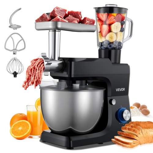 

VEVOR Robot Pâtissier et Culinaire 4,3 L, Batteur sur Socle 1300 W avec Fonction Hachoir à Viande et Blender de 1,5 L, Batteur Mixeur 6 Vitesses avec Pulse, Bol en Inox, Mélange Fouettage Pétrissage
