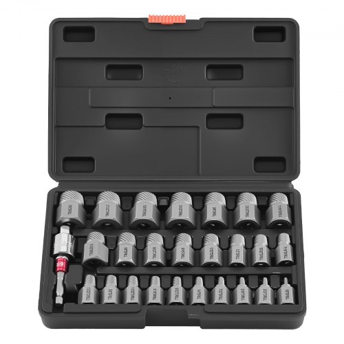 

VEVOR Kit Extracteur de Vis Cassée 27PCs, Outils d'Extraction de Boulons Endommagés, pour Réparation Domicile Atelier, à Tête Hexagonale et Cannelures Multiples, avec Adaptateurs et Coffret Noir