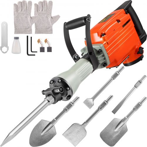 VEVOR Marteau Piqueur 2200 W Marteau de Démolition 4 Burins Remplaçables Marteau Démolisseur 1400 Battements d'Impact/min Filaire Poignée Anti-Vibrant Rupture Rapide Brise Béton Creusement Tranchée
