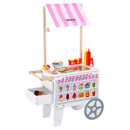 

VEVOR Chariot à Glaces pour Enfants, 20+ Accessoires, Jeu d'Imitation de Stand Glacier, avec Cornet de Glace, Glace à l'Eau, Auvent, Congélateur, Tiroir de Rangement, Menu, pour Tout-petits de 3-7 Ans