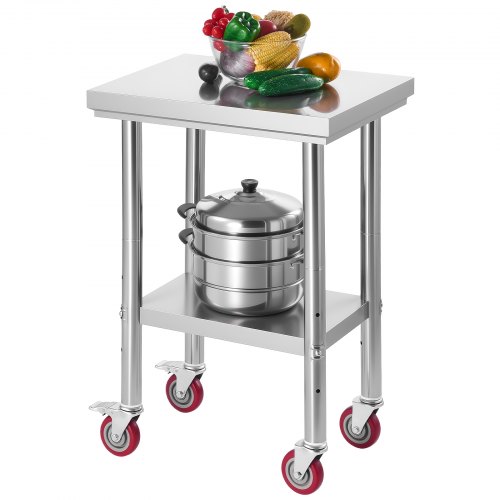 

VEVOR Table de travail en acier inoxydable 61 x 45 cm, table de préparation des aliments avec roulettes et étagère inférieure réglable, pour cuisine commerciale, restaurant, hôtel, garage, extérieur