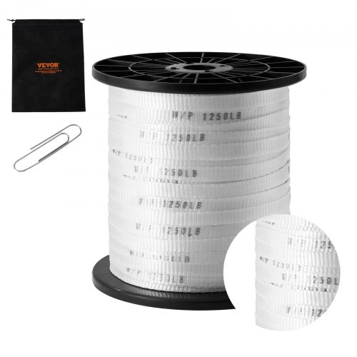 

VEVOR Ruban de traction en polyester, 160,9 m x 1,3 cm, corde plate, capacité de traction 567 kgf, ruban sangle imprimée pour emballage, jardinage, électricité commerciale, travaux de conduits, blanc