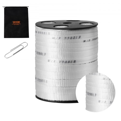 

VEVOR Feuillard Polyester, 96,9 m x 1,6 cm, Ruban de Traction, Capacité de Traction 998 kgf, Corde Plate, Rouleau de Ruban Imprimée pour Emballage, Jardinage, Électricité, Travaux de Conduits, Blanc