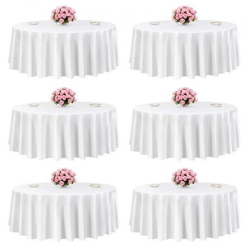 

VEVOR Nappe ronde blanche, 3048 mm, couverture de table en polyester, lot de 6, résistante aux taches et aux plis, lavable en machine, pour salle à manger, mariage, fête, banquet, événement officiel