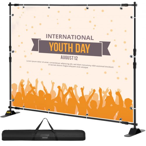 VEVOR Porte-Bannière 2,4 x 2,4 m Support d'affiche Panneau Pubilicité d'Affichage de Toile de Bannière Télescopique Réglable Portable pour Afficher Arrière Plan de Salon Foire d'Exposition Pubilicité