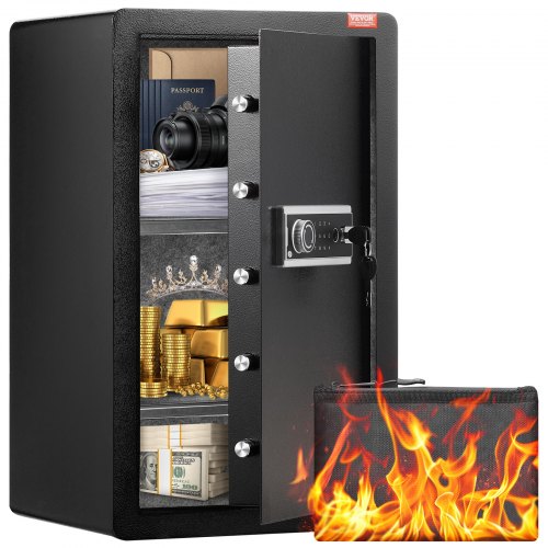 

VEVOR Coffre-fort à Porte Simple 113 L, 3 Façons de Déverrouillage (Clé, Mot de Passe et Empreinte Digitale), avec Sac Ignifuge, Porte-Clés, Lumière LED et 2 Étagères, pour Argent, Documents, Bijoux