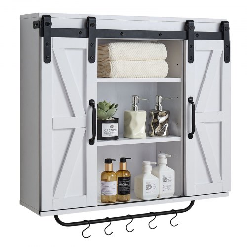 

VEVOR Armoire Murale Salle de Bain, 2 Portes et Étagère Réglable, Armoire à Pharmacie Au-Dessus des Toilettes, Meuble Suspendu avec Cloison Ouverte, Porte-Serviettes et Crochets, pour Buanderie, Blanc