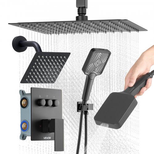 

VEVOR Ensemble de Robinetterie de Douche, Système de Douche à 3 Fonctions, Pommeau Haut à Effet Pluie de 30,5 cm, Pommeau Mural et Douchette à Main 4-en-1, pour Salle de Bain Maison, Noir Mat