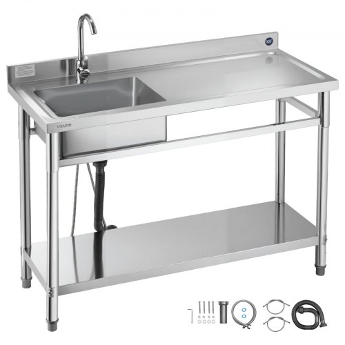 

VEVOR Évier cuisine utilitaire en acier inoxydable, évier professionnel autoportant à cuve unique gauche, avec robinet, tuyau d'eau chaude et froide pour garage, restaurant, buanderie, 120x50x94 cm