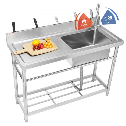 

VEVOR Évier Cuisine Utilitaire Commercial en Acier Inoxydable, Petit Évier sur Pied Cuve Simple avec Robinet et Établi 120 x 50 x 95 cm, pour Garage, Restaurant, Blanchisserie, Cuisine, Salle de Bain