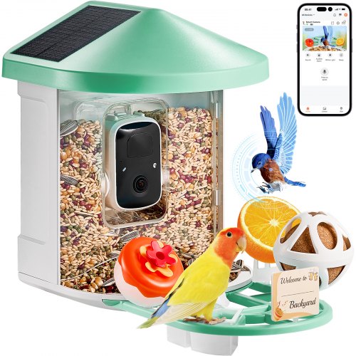 

VEVOR Mangeoire Oiseaux avec Caméra Intelligente 2K HD AI Caméra Identifie 10000 Espèces d'Oiseaux, 3 Panneaux Solaires, Capture Auto, Notification Instantanée, pour Extérieur Amoureux Oiseaux, Vert