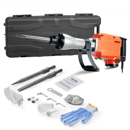 

VEVOR Marteau de Démolition 2200 W Marteau-Piqueur 66 J 1350 BPM Marteau Perforateur avec 2 Burins Remplaçables Poignée Rotative 360° Anti-Vibration Brise-Béton pour Burinage Construction Plomberie