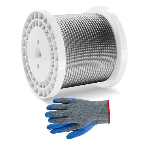 

VEVOR Câble Acier au Carbone Galvanisé au Zinc, 6,35 mm x 76,2 m, Câble Métallique Tressé 7x19 Qualité Aéronautique Marine avec Gants, Résistance de Rupture 31,1 kN, pour Garde-corps, Clôture, Rampe