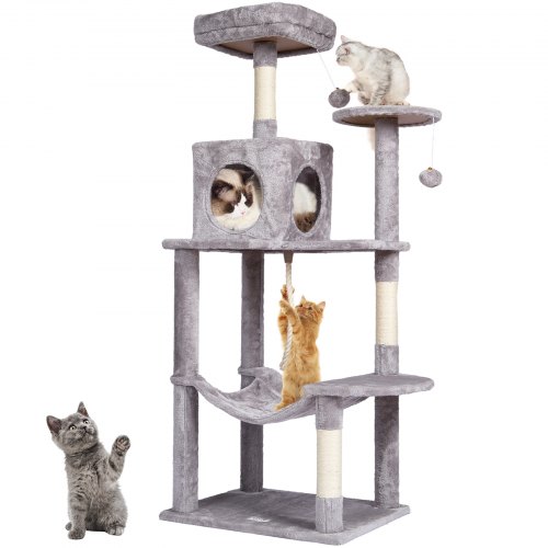 

VEVOR Arbre à chat, 143 cm, tour d'escalade à chats avec griffoir en sisal, niche, hamac, perchoir supérieur, plates-formes de saut, balles suspendues, pour activités d'intérieur chats, gris clair