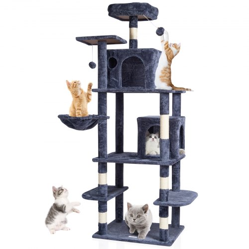 

VEVOR Arbre à chat, 174 cm, tour d'escalade à chats avec griffoir en sisal, 2 niches, hamac, perchoir supérieur, plates-formes de saut, balles suspendues, pour activités d'intérieur chats, gris foncé