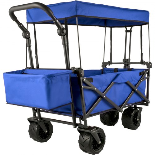 VEVOR Chariot de Jardin Pliable avec 4 roulettes Bleu, Chariot Pliable avec Toit, Remorque de Transport Rangement Pratiques pour Jardin Plage Piquenique Sport Camping Achats Parc Pêche Barbecues