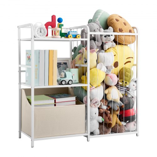 

VEVOR Organisateur de jouets animaux en peluche, bibliothèque enfants à 2 niveaux, meuble de rangement avec coffre à jouets en tissu, pour chambres, salles de jeux, crèches et jardins d'enfants, blanc