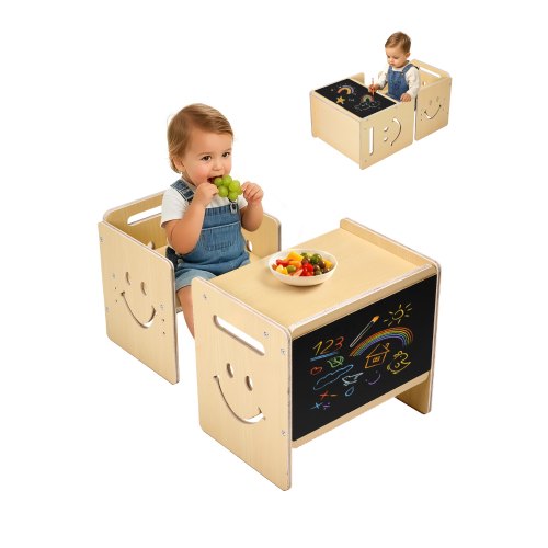 

VEVOR Ensemble Table et Chaises pour Diversification Alimentaire Enfants, Mobilier pour DME en Bois avec Tableau Noir, Table de Sevrage à Hauteur Réglable, pour Dessiner, Lire, Manger, Tout-petits