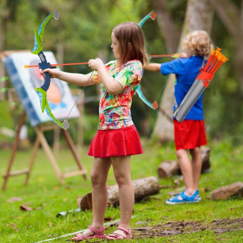 

VEVOR Ensemble d'arc et flèches pour enfants, lot de 2, kit tir à l'arc lumineux LED, 20 flèches à ventouse, cible debout, 2 carquois, 20 balles souples, 3 canettes de cible pour garçons filles 6+ ans