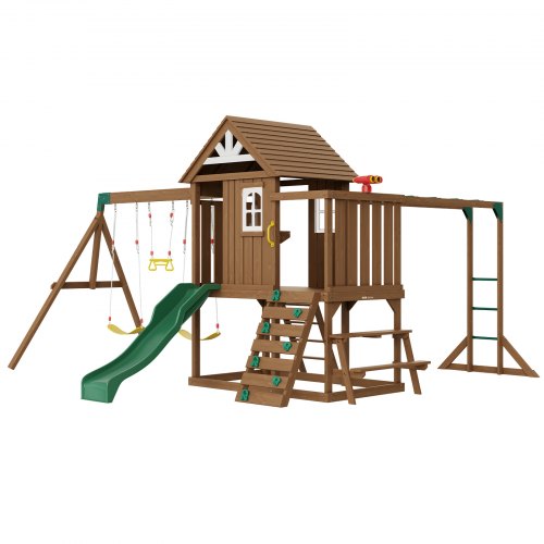 

VEVOR Kit Portique Balançoire en Bois 10-en-1, Aire de Jeux avec 2 Balançoires, Barre Trapèze, Toboggan, Grand Fort Supérieur avec Jouets de Cuisine, Échelle Plate, Mur d'Escalade, Table, Bac à Sable