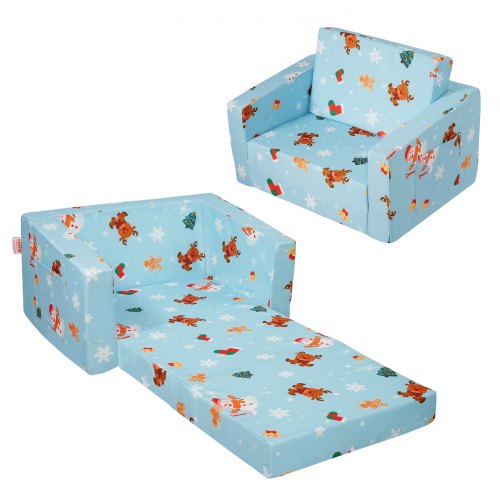 

VEVOR Fauteuil pour enfants pliable, canapé pour enfants 2 en 1, en éponge 25D haute densité et housse en tissu imprimé peau de pêche, meuble de salle de jeux, sofa tout-petits, motif de Noël, bleu