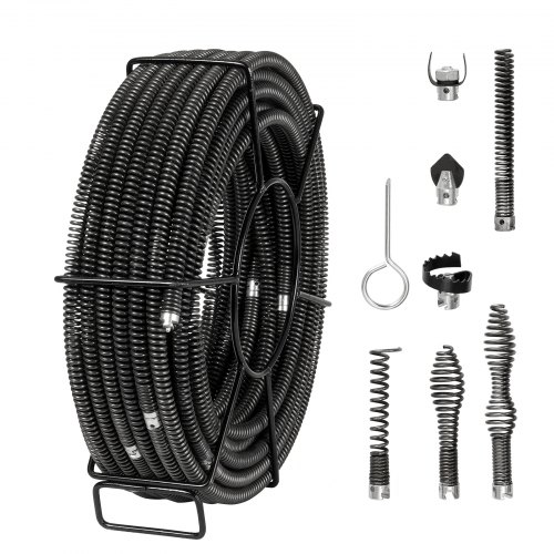

VEVOR Câble de nettoyage de canalisations, 30 m x 16 mm, câble de tarière de vidange d'égout noyau creux sectionnel professionnel, 7 coupeurs pour tuyaux 20-100 mm pour évier, siphon de sol, toilettes
