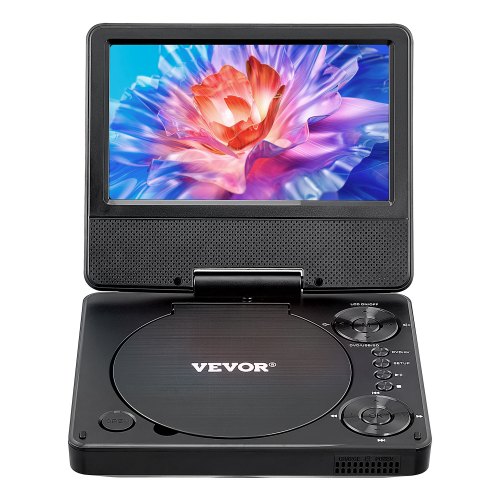 

VEVOR Lecteur DVD portable, écran HD pivotant de 178 mm, avec chargeur de voiture, batterie rechargeable intégrée de 4 heures, deux haut-parleurs, synchronisation TV/USB/carte SD/CD/DVD, pour voiture