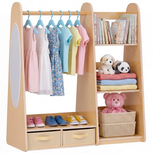 

VEVOR Penderie Enfant avec Miroir, Armoire Enfant en Bois avec Étagères, Bacs de Rangement et Tringle à Vêtements, Organisateur de Déguisements pour Fille, Meuble pour Chambre, Salle de Jeux, Naturel