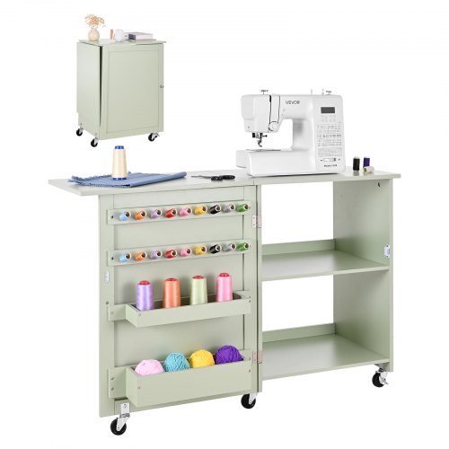 

VEVOR Table de couture pliante, table pour machine à coudre polyvalente pour maison avec design compact, roulettes, chevilles en bois, plateaux de rangement et étagère, serrure magnétique, vert clair