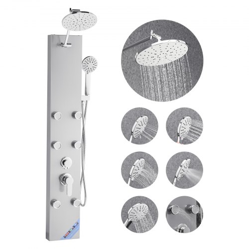 

VEVOR Colonne de douche avec pommeau de douche effet pluie, système de panneau de douchette mural haute pression acier inox brossé 124 cm, robinet 3 fonctions, avec 6 jets corporels, douchette à main
