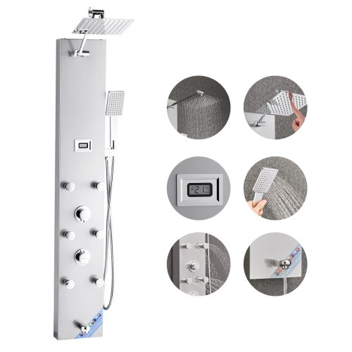 

VEVOR Colonne de douche avec pommeau de douche effet pluie, système de panneau de douchette mural haute pression acier inox brossé 124 cm, robinet 4 fonctions, avec 6 jets corporels, douchette à main