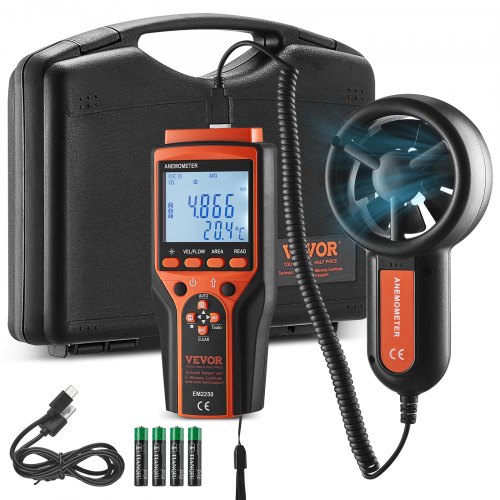 

VEVOR Anémomètre Portable -10℃ à 60℃ Mesureur Numérique Vitesse du Vent CFM, Mesure Température du Vent, Flux d'Air, Refroidissement Éolien avec Écran Rétroéclairé LED pour Voile Surf Drone Vol CVC