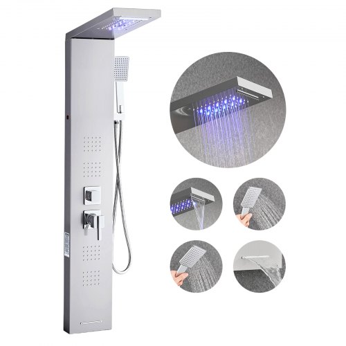 

VEVOR Colonne de douche avec pommeau de douche effet pluie, système de panneau de douchette mural LED en acier inoxydable brossé 1345 mm, robinet 5 fonctions, avec 4 jets corporels et douchette à main