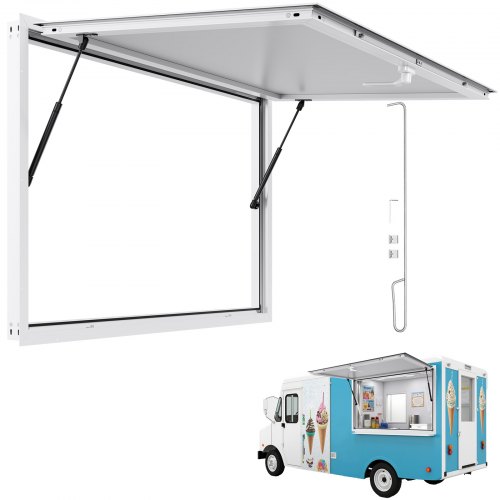 

VEVOR Fenêtre de Concession pour Camion Restaurant 134,6x83,8 cm, Fenêtre de Service pour Stand de Vente, Cadre en Alliage d'Aluminium, sans Verre, avec Porte à Auvent et Crochet de Traction
