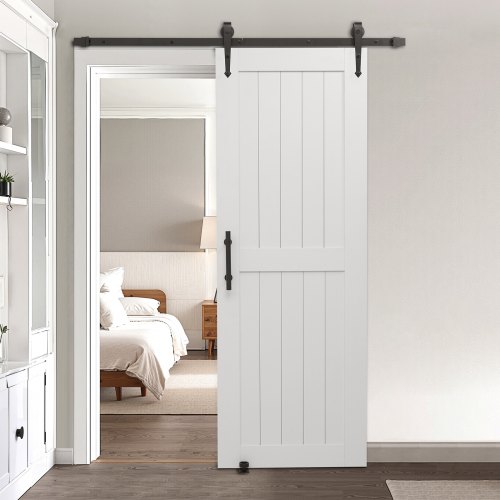 

VEVOR Porte de grange coulissante, 762 x 2134 mm, panneau MDF, kit de porte coulissante avec kit quincaillerie, surface en PVC imperméable, facile à installer, cadre en H, pour salon et salle de bain