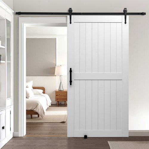 

VEVOR Porte de grange coulissante, 1067 x 2134 mm, panneau MDF, kit de porte coulissante avec kit quincaillerie, surface en PVC imperméable, facile à installer, cadre en H, pour salon et salle de bain