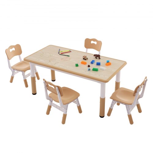 

VEVOR 1 Table d’Enfant + 4 Chaises 1200x600x482-572 mm et 310x295x520-560 mm Ensemble de Meuble d'Enfant Hauteur Réglable pour Étudier Manger Jouer Lire Dessiner Crèche Garderie Chambre d’Enfant École
