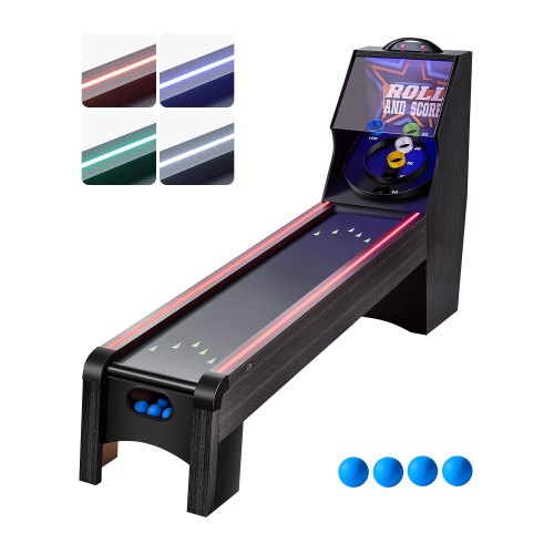 

VEVOR Machine de Skeeball 271 cm, Jeu d'Arcade Rouler et Marquer Classique Intérieur, avec Marqueur Électronique LED, Son, Retour Automatique de Balle, avec 4 Balles, Jeu Rouler Boules Salle de Jeux