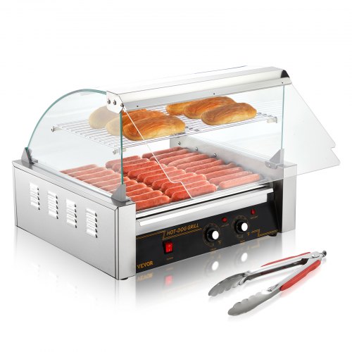 

VEVOR Rouleau à hot-dogs, 11 rouleaux, machine à griller les saucisses en acier inoxydable avec double contrôle de température, 30 hot-dogs, 2,2 KW avec couvercle, étagère chauffante pour petits pains